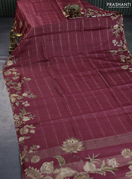 Pure tussar silk saree maroon with allover zari weaves and digital printed border