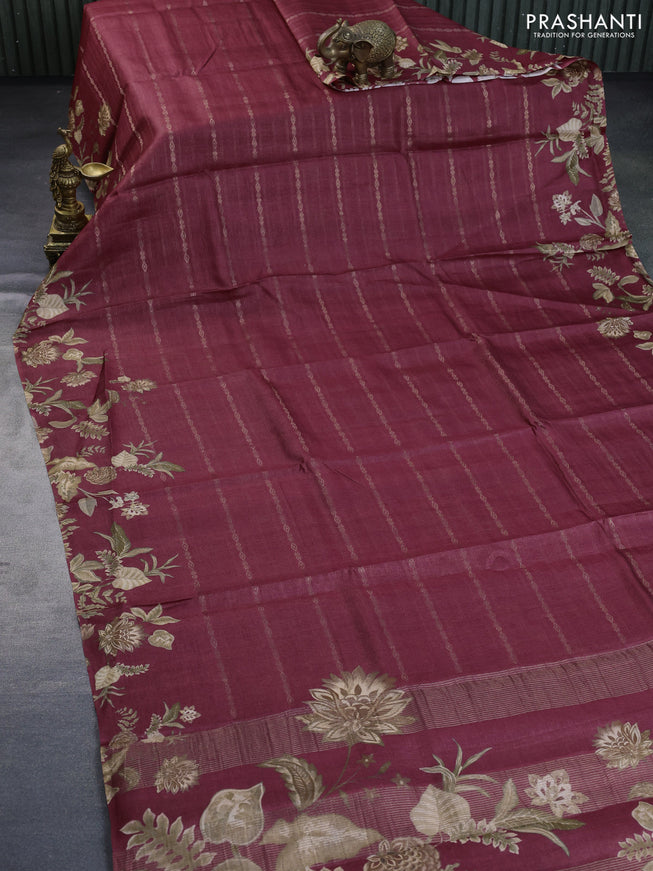 Pure tussar silk saree maroon with allover zari weaves and digital printed border