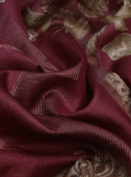 Pure tussar silk saree maroon with allover zari weaves and digital printed border