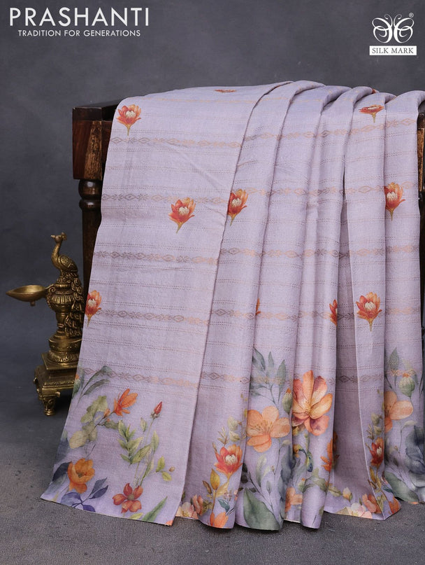 Pure tussar silk saree pastel lavender with allover zari weaves & floral digital butta prints and floral digital printed border