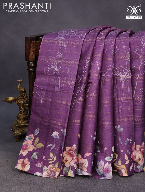 Pure tussar silk saree deep purple with allover zari weaves & floral digital prints and floral digital printed border