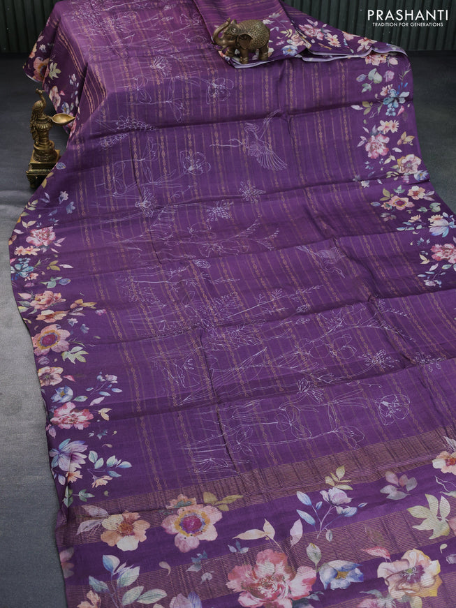 Pure tussar silk saree deep purple with allover zari weaves & floral digital prints and floral digital printed border