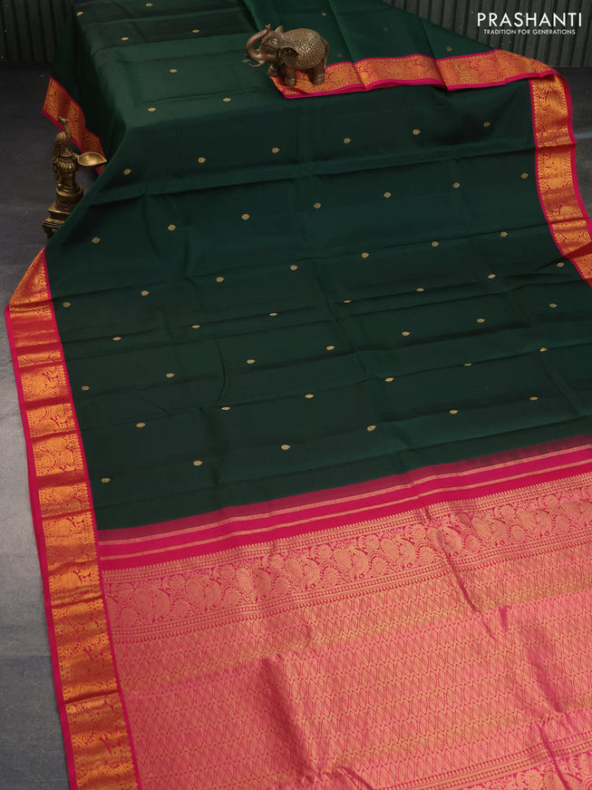 Pure kanchipuram silk saree bottle green and pink with zari woven buttas and zari woven korvai border