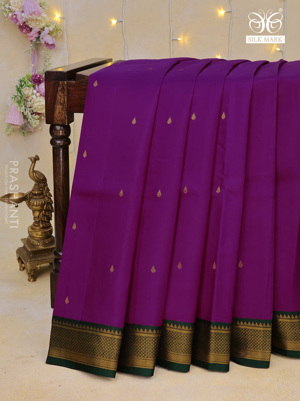 Pure kanchipuram silk saree purple and dark green with zari woven buttas and zari woven korvai border