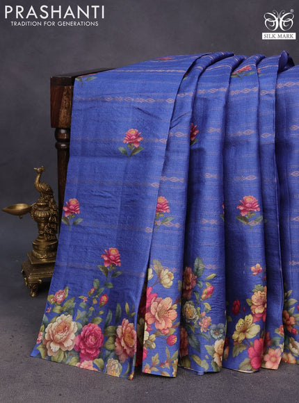 Pure tussar silk saree blue with allover zari weaves & floral digital butta prints and floral digital printed border