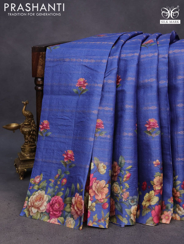 Pure tussar silk saree blue with allover zari weaves & floral digital butta prints and floral digital printed border