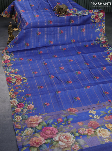 Pure tussar silk saree blue with allover zari weaves & floral digital butta prints and floral digital printed border