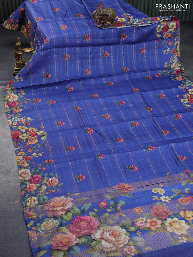 Pure tussar silk saree blue with allover zari weaves & floral digital butta prints and floral digital printed border