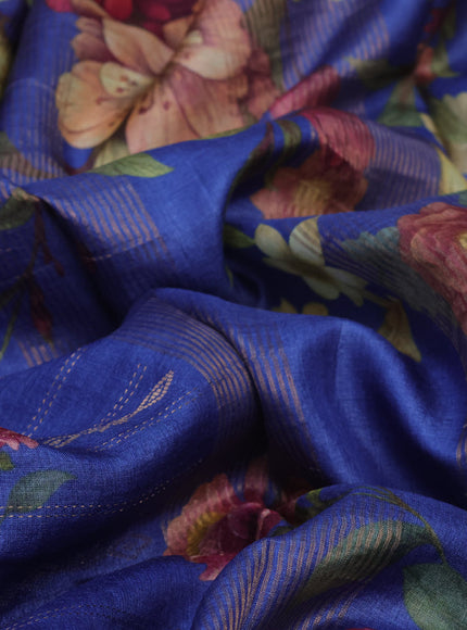 Pure tussar silk saree blue with allover zari weaves & floral digital butta prints and floral digital printed border