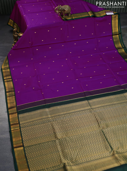 Pure kanchipuram silk saree purple and dark green with zari woven buttas and zari woven korvai border