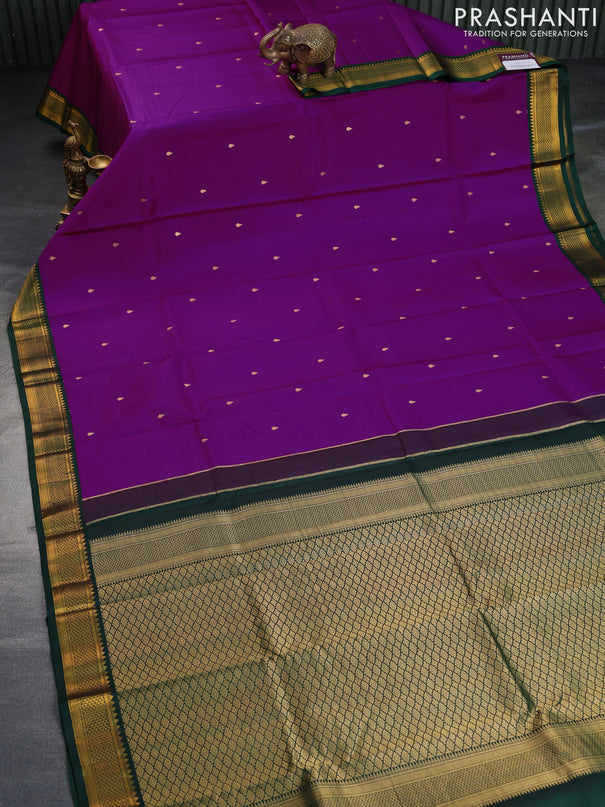 Pure kanchipuram silk saree purple and dark green with zari woven buttas and zari woven korvai border