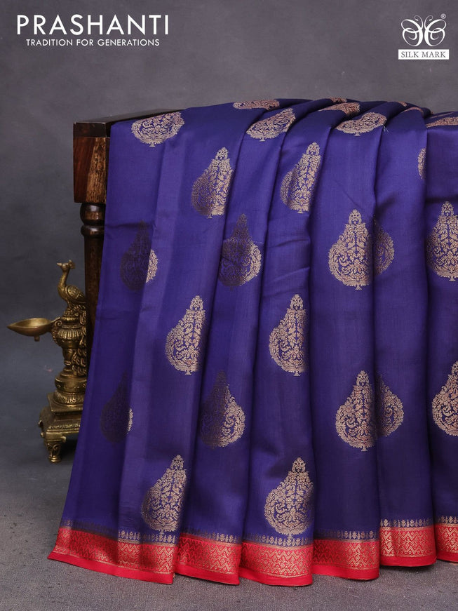 Chiniya silk saree blue and red with thread & zari woven buttas and banarasi style border