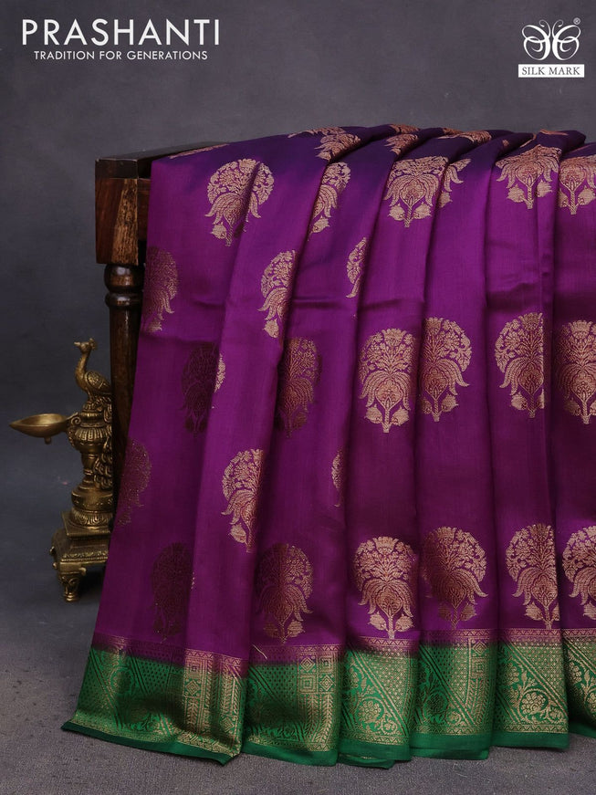 Chiniya silk saree deep purple and green with thread & zari woven buttas and banarasi style border