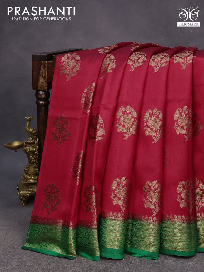 Chiniya silk saree kumkum red and green with thread & zari woven buttas and banarasi style border