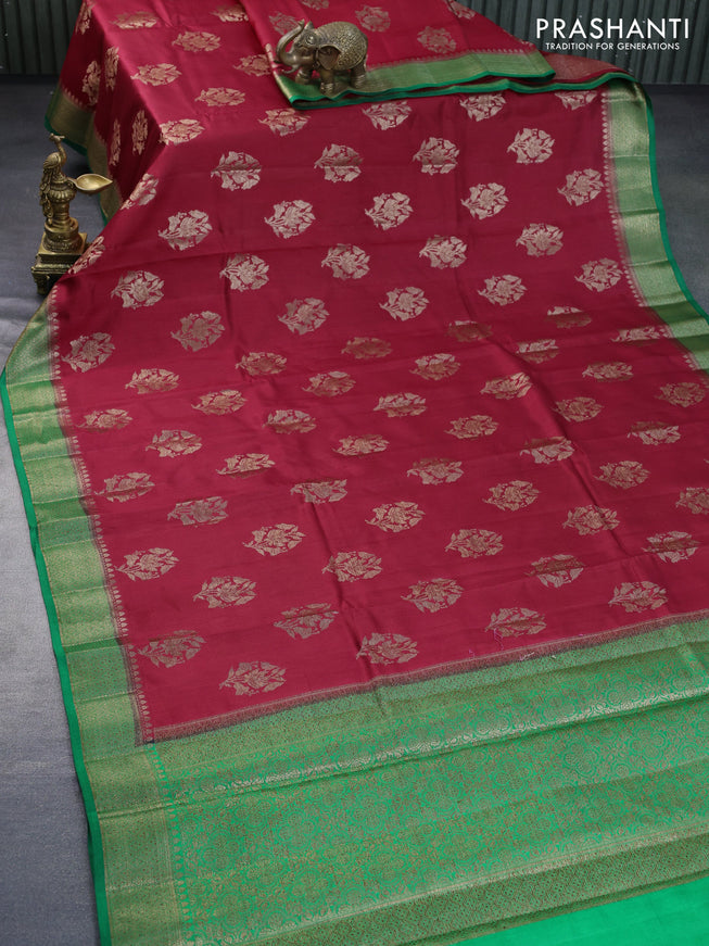 Chiniya silk saree kumkum red and green with thread & zari woven buttas and banarasi style border