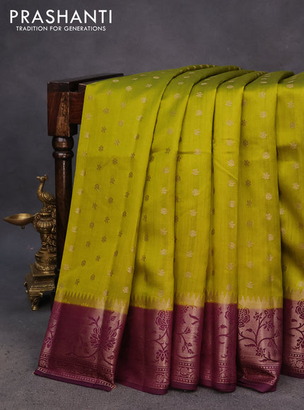 Chiniya silk saree lime green and deep purple with allover thread & zari woven buttas and banarasi style border