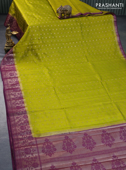 Chiniya silk saree lime green and deep purple with allover thread & zari woven buttas and banarasi style border