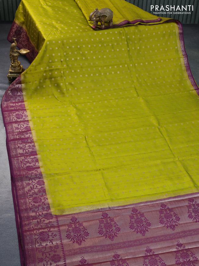 Chiniya silk saree lime green and deep purple with allover thread & zari woven buttas and banarasi style border