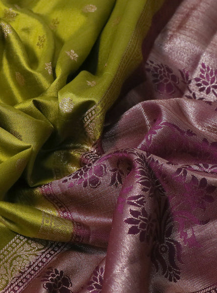 Chiniya silk saree lime green and deep purple with allover thread & zari woven buttas and banarasi style border