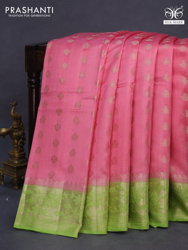 Chiniya silk saree pink and light green with allover zari woven buttas and zari woven border