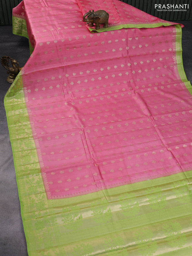 Chiniya silk saree pink and light green with allover zari woven buttas and zari woven border