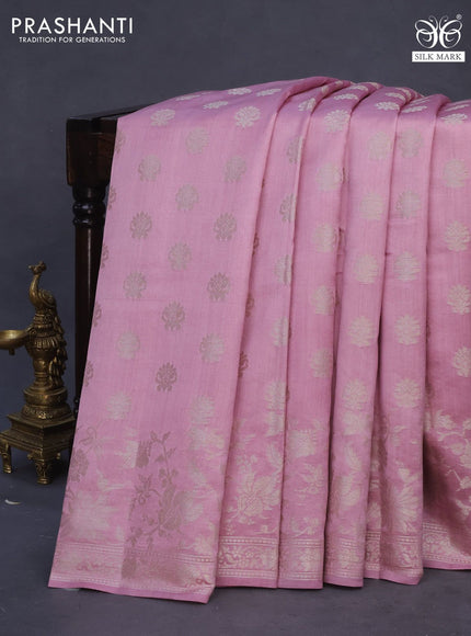 Chiniya silk saree mauve pink with allover zari woven buttas and silver zari woven border