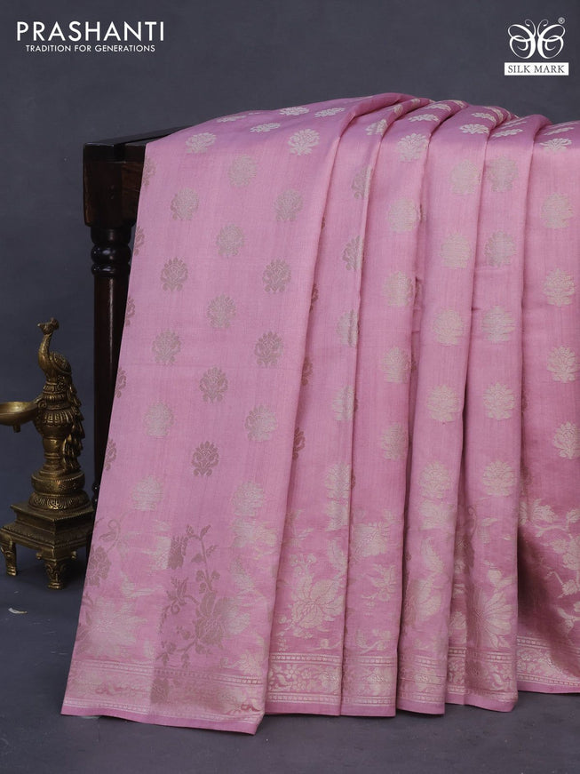 Chiniya silk saree mauve pink with allover zari woven buttas and silver zari woven border