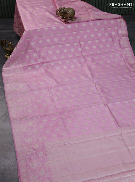 Chiniya silk saree mauve pink with allover zari woven buttas and silver zari woven border