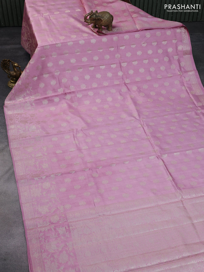 Chiniya silk saree mauve pink with allover zari woven buttas and silver zari woven border