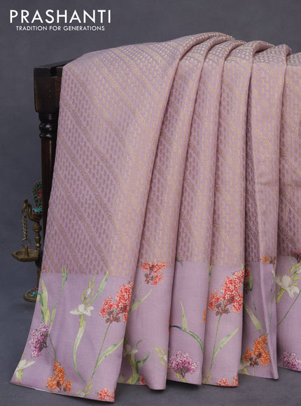 Banarasi silk saree pastel lavender with allover zari woven brocade weaves and floral digital printed border