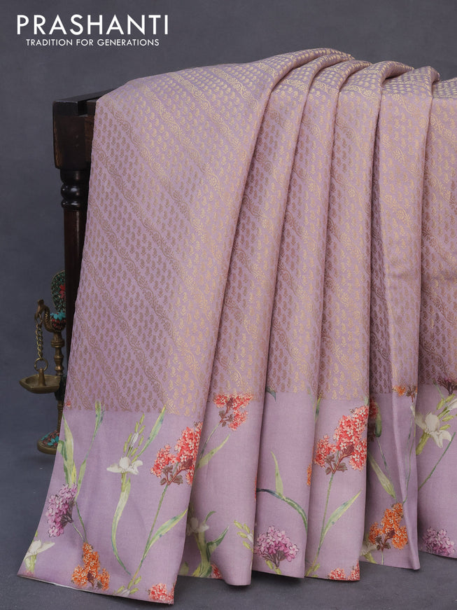 Banarasi silk saree pastel lavender with allover zari woven brocade weaves and floral digital printed border