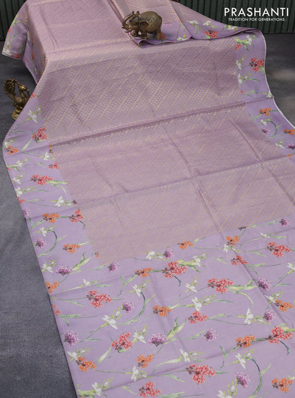 Banarasi silk saree pastel lavender with allover zari woven brocade weaves and floral digital printed border