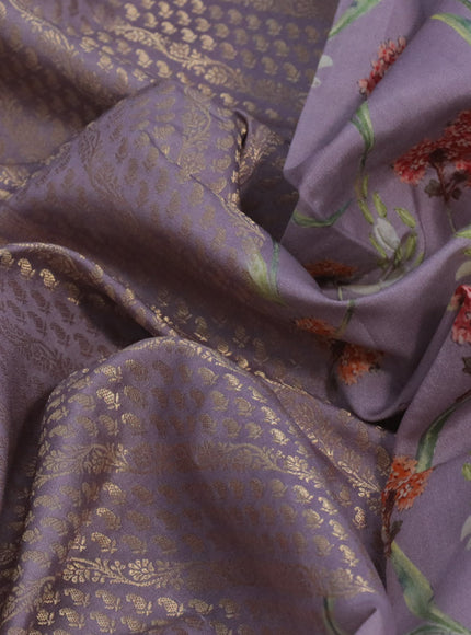 Banarasi silk saree pastel lavender with allover zari woven brocade weaves and floral digital printed border