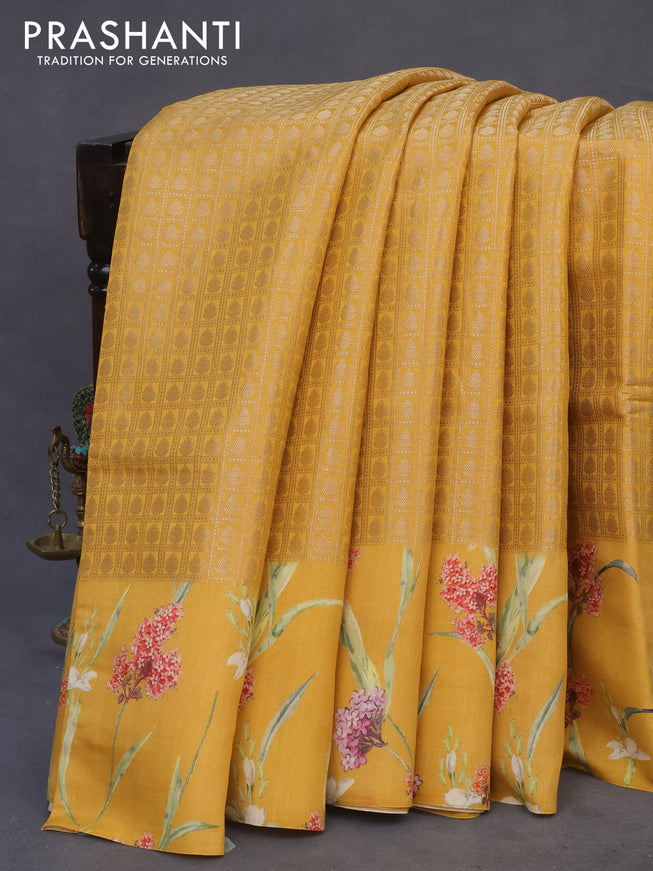 Banarasi silk saree mustard yellow with allover zari woven brocade weaves and floral digital printed border