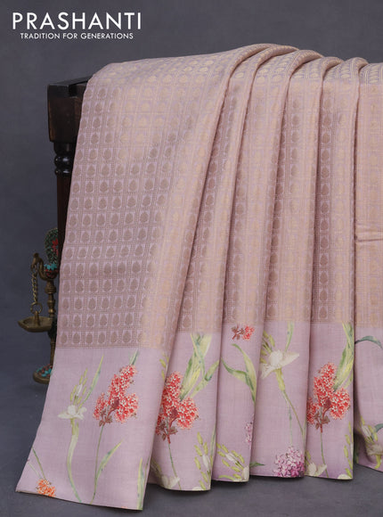 Banarasi silk saree pastel lavender with allover zari woven brocade weaves and floral digital printed border