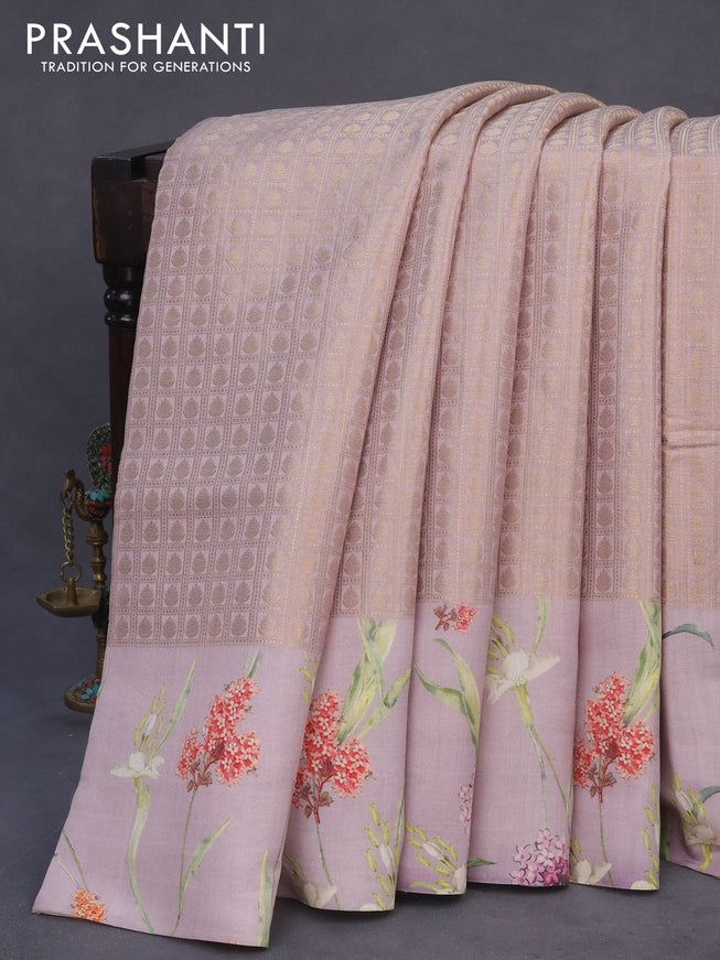 Banarasi silk saree pastel lavender with allover zari woven brocade weaves and floral digital printed border