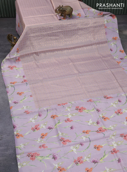 Banarasi silk saree pastel lavender with allover zari woven brocade weaves and floral digital printed border