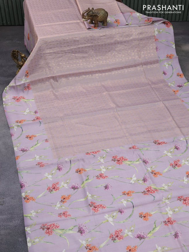 Banarasi silk saree pastel lavender with allover zari woven brocade weaves and floral digital printed border