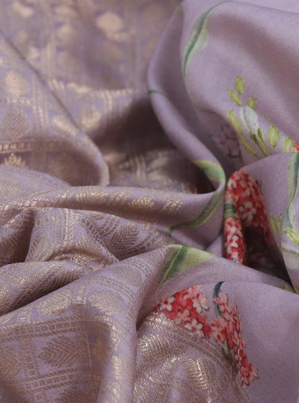 Banarasi silk saree pastel lavender with allover zari woven brocade weaves and floral digital printed border