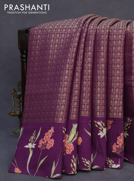 Banarasi silk saree deep purple with allover zari woven brocade weaves and floral digital printed border