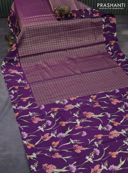 Banarasi silk saree deep purple with allover zari woven brocade weaves and floral digital printed border