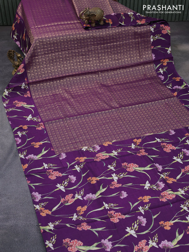 Banarasi silk saree deep purple with allover zari woven brocade weaves and floral digital printed border