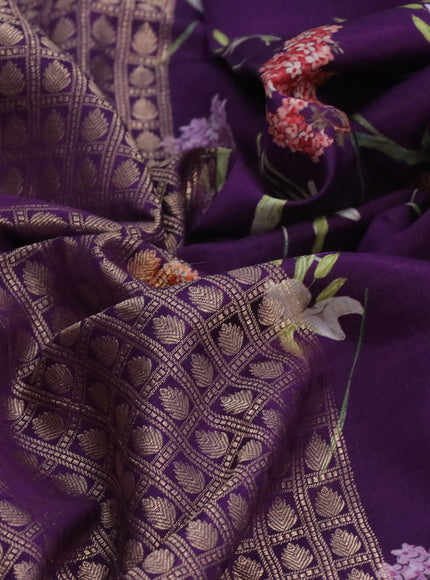 Banarasi silk saree deep purple with allover zari woven brocade weaves and floral digital printed border