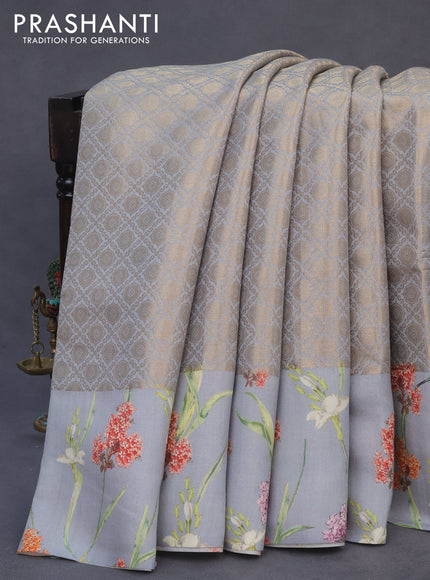 Banarasi silk saree grey with allover zari woven brocade weaves and floral digital printed border