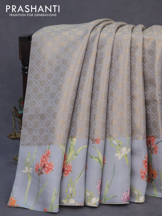 Banarasi silk saree grey with allover zari woven brocade weaves and floral digital printed border