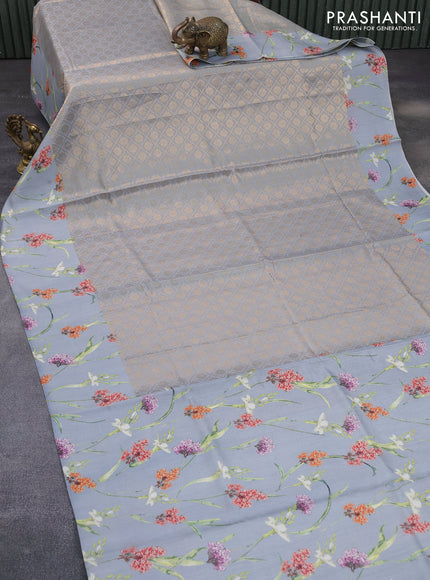 Banarasi silk saree grey with allover zari woven brocade weaves and floral digital printed border