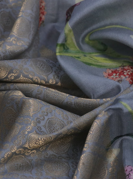 Banarasi silk saree grey with allover zari woven brocade weaves and floral digital printed border