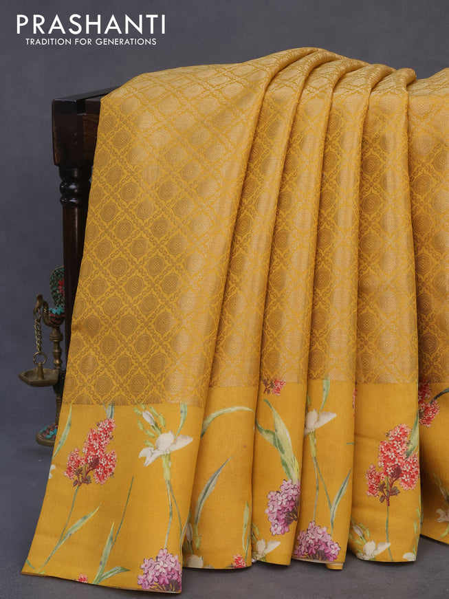 Banarasi silk saree mustard yellow with allover zari woven brocade weaves and floral digital printed border