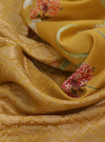 Banarasi silk saree mustard yellow with allover zari woven brocade weaves and floral digital printed border