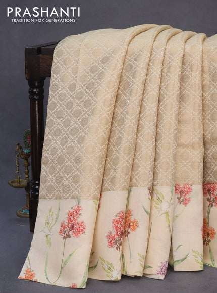 Banarasi silk saree cream with allover zari woven brocade weaves and floral digital printed border